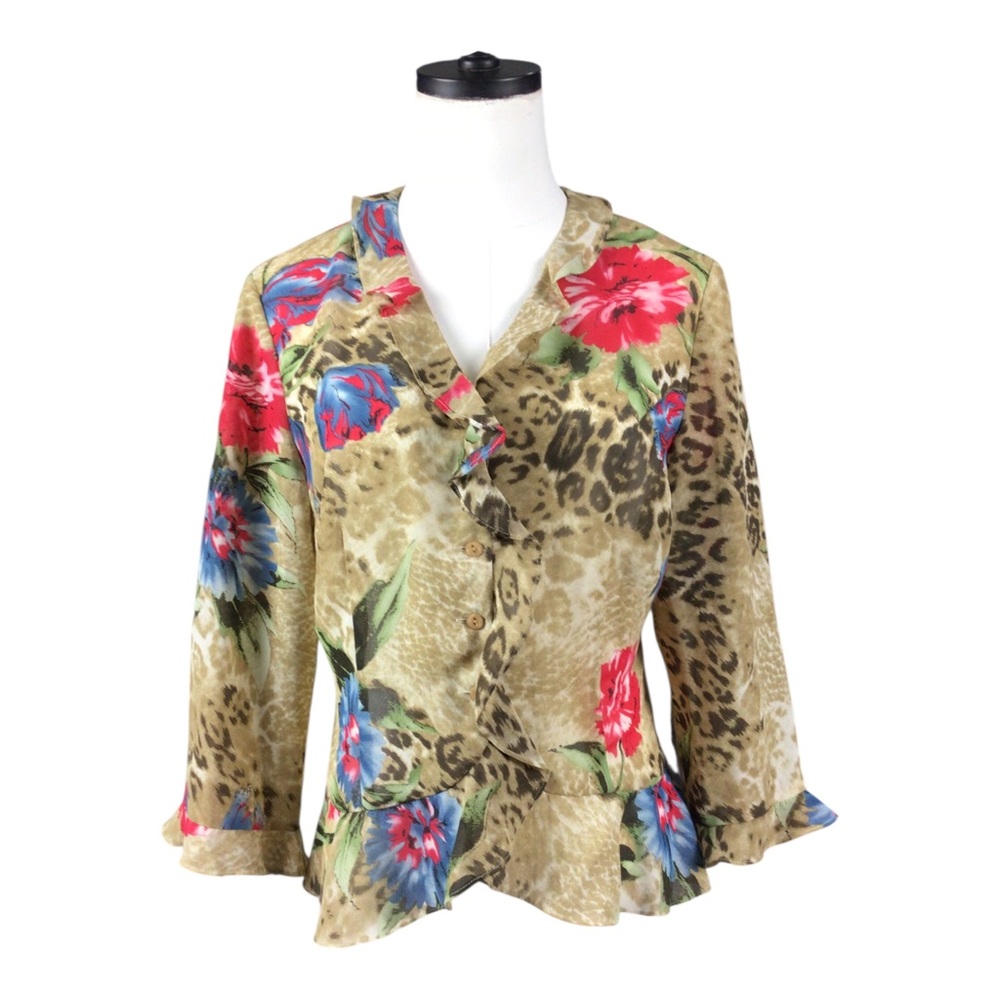 Betu Floral & Leopard Print Ruffle Peplum Blouse Size 8 Sheer